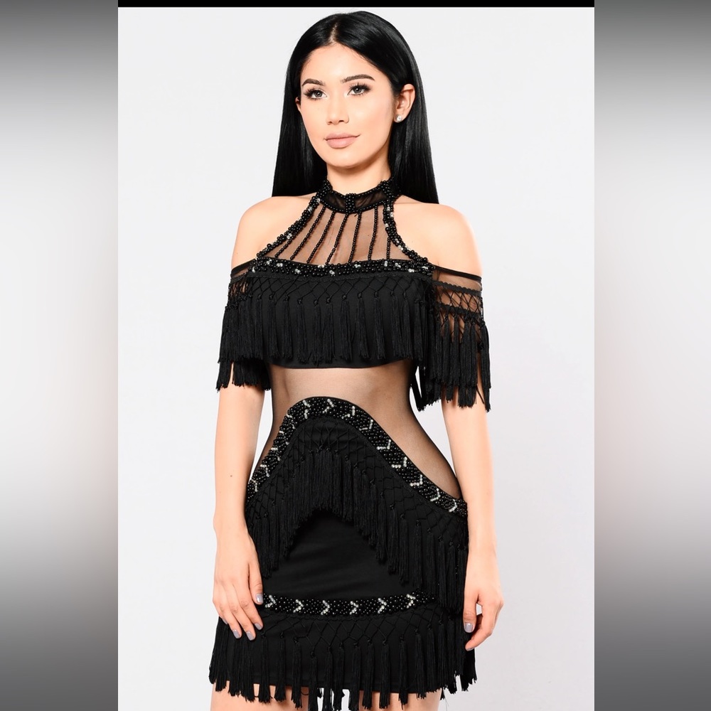 Main Attraction Fringe Dress - Black